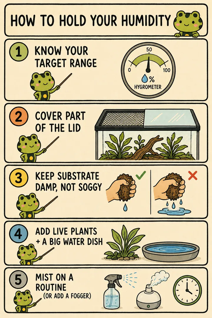 A numbered how-to card titled 'How to hold your humidity', with five steps: know your target range (not 'as high as possible'); cover part of the lid to slow evaporation; keep the substrate damp but not soggy; add live plants and a water source; and keep some airflow. The point: hold humidity to the species' range with a gauge, rather than chasing maximum moisture.