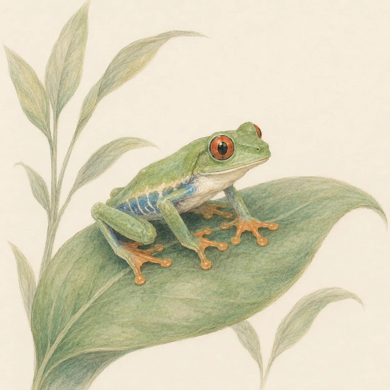 A red-eyed tree frog perched on a leaf, in Bognook’s soft field-guide illustration style