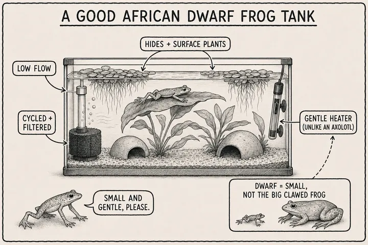 A hand-drawn monochrome info-comic titled 'A good African dwarf frog tank': a small fully-aquatic cutaway with a low-flow sponge filter, cave hides, surface plants, a gentle heater (unlike an axolotl), a size comparison showing the small dwarf frog is not the big clawed frog, and a narrator saying 'small and gentle, please.'