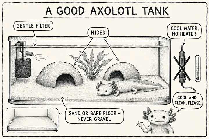 A hand-drawn monochrome info-comic titled 'A good axolotl tank': a cool aquarium cutaway with a gentle filter, a fine-sand or bare floor (never gravel), two cave hides and a plant, a crossed-out heater and thermometer (cool water, no heater), and a calm axolotl narrator saying 'cool and clean, please.'