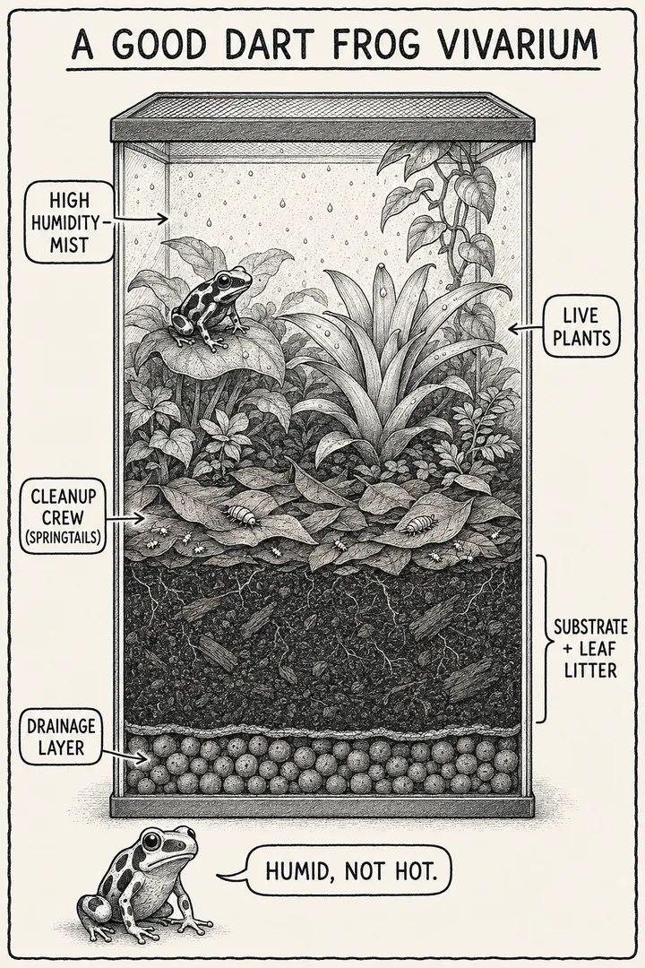 A hand-drawn monochrome info-comic titled 'A good dart frog vivarium': a tall bioactive cutaway showing a drainage layer at the base, a substrate-and-leaf-litter layer, a springtail cleanup crew, live plants and a bromeliad, misting droplets, and a dart frog narrator saying 'humid, not hot.'