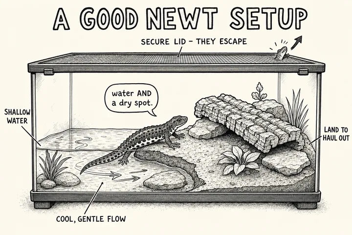 A hand-drawn monochrome info-comic titled 'A good newt setup': a semi-aquatic cutaway with shallow water and a gentle flow on one side, a land area of cork and rock to haul out onto, a secure lid with an escaping-newt arrow (they escape), cool water, and a newt narrator saying 'water AND a dry spot.'