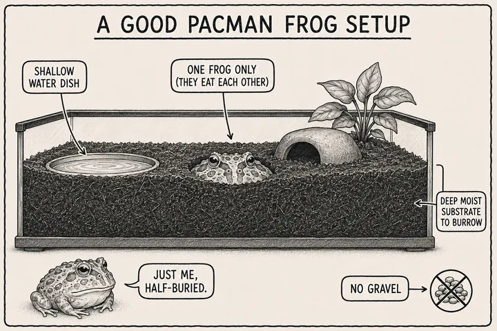 A hand-drawn monochrome info-comic titled 'A good pacman frog setup': a low terrestrial cutaway with deep moist substrate a pacman frog is burrowed into up to its eyes, a shallow water dish, a hide, a note reading 'one frog only (they eat each other)', a crossed-out gravel symbol, and a narrator saying 'just me, half-buried.'