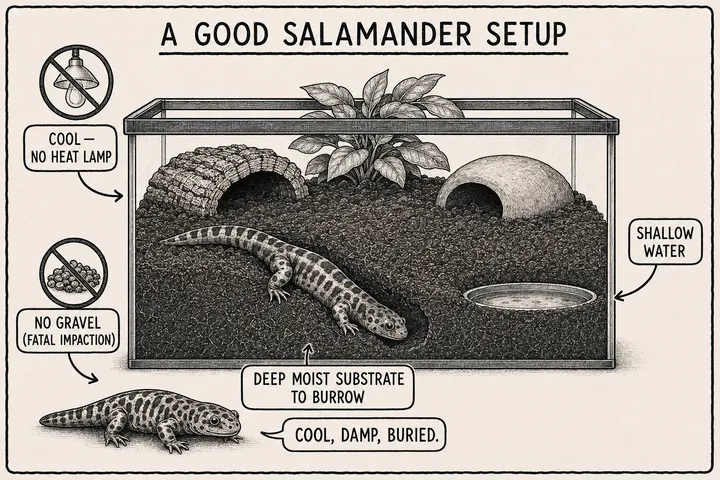 A hand-drawn monochrome info-comic titled 'A good salamander setup': a cool terrestrial cutaway with deep moist substrate a tiger salamander is burrowing into, hides, a shallow water dish, a crossed-out heat lamp (cool, no heat lamp), a crossed-out gravel symbol (no gravel, fatal impaction), and a narrator saying 'cool, damp, buried.'