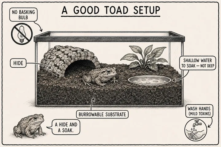 A hand-drawn monochrome info-comic titled 'A good toad setup': a terrestrial cutaway with a cork-bark hide, burrowable substrate, a shallow water dish to soak in (not deep), a crossed-out basking bulb, a wash-hands (mild toxins) icon, and a toad narrator saying 'a hide and a soak.'