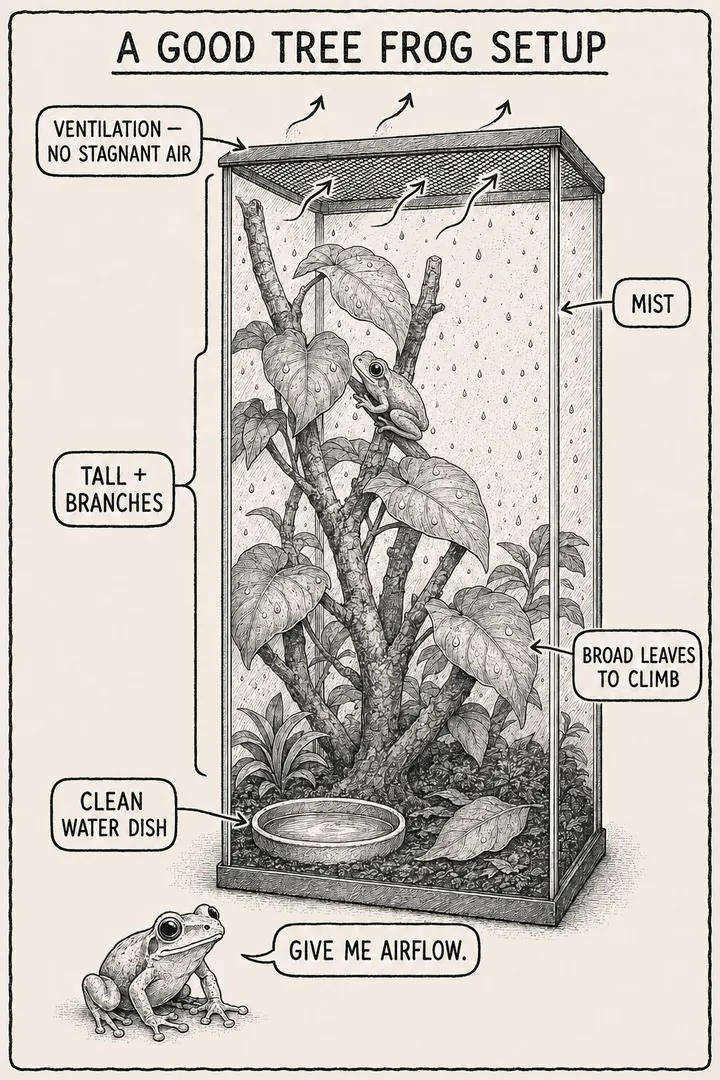 A hand-drawn monochrome info-comic titled 'A good tree frog setup': a tall arboreal cutaway with upright branches and broad climbing leaves, a ventilated screen top with airflow arrows, a clean water dish, misting droplets, and a tree frog narrator saying 'give me airflow.'