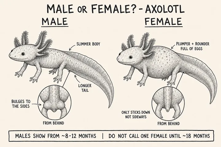 A hand-drawn monochrome info-comic titled 'Male or female? - Axolotl' comparing, from behind, a male's cloaca that bulges out to the sides (with a slimmer body and a longer tail) versus a female's cloaca that only sticks straight down (with a plumper, rounder, egg-filled body).