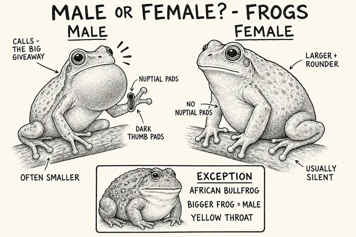 A hand-drawn monochrome info-comic titled 'Male or female? - Frogs' comparing a calling male frog (a puffed vocal sac, dark nuptial thumb pads, often smaller) with a larger, rounder, silent female — plus a boxed exception noting the African bullfrog is reversed (the bigger frog is the male, with a yellow throat).