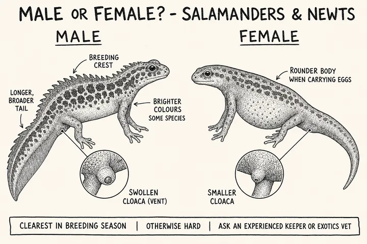 A hand-drawn monochrome info-comic titled 'Male or female? - Salamanders & newts' comparing a breeding male (a swollen cloaca, a longer broader tail, and in some species a crest or brighter colours) with a female (a smaller cloaca and a rounder body when carrying eggs).