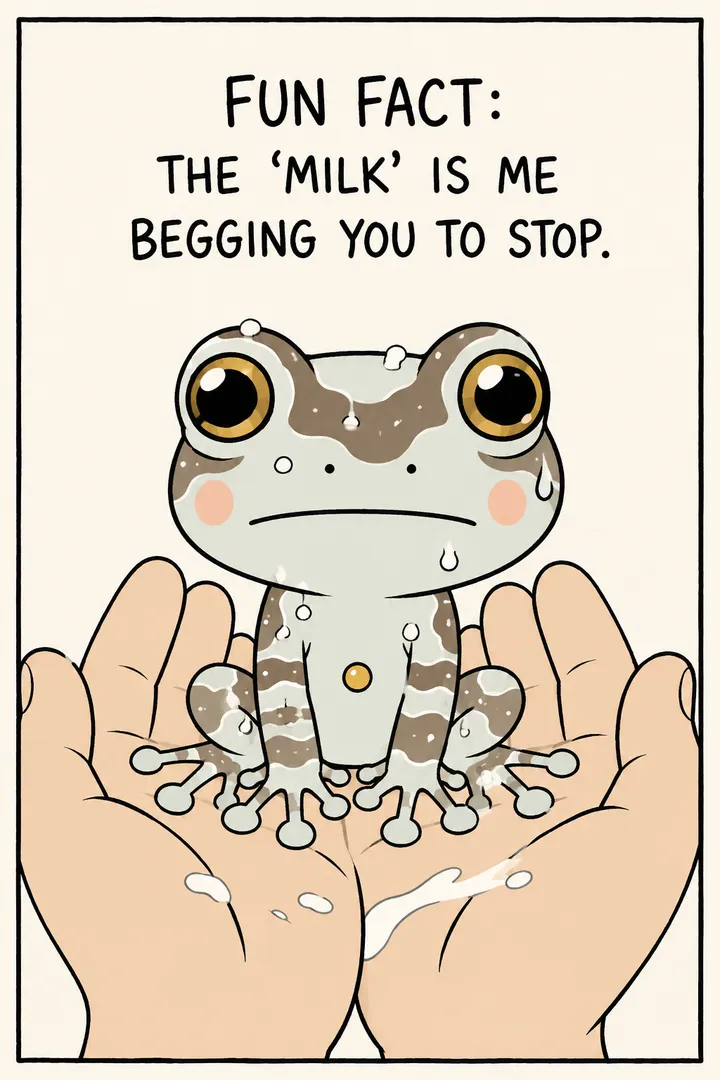 An Amazon milk frog secreting its milky substance, joking that the 'milk' means 'please stop.' The point: milk frogs exude a milky defensive secretion when stressed or handled, so they are look-don't-handle.