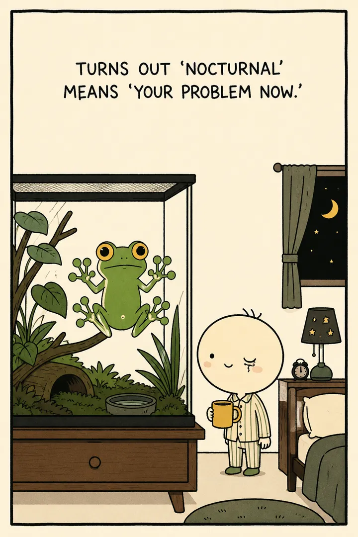 A green tree frog wide awake at night while its keeper wants to sleep — the joke that 'nocturnal' becomes 'your problem now.' The point: green tree frogs are nocturnal and most active and vocal at night.