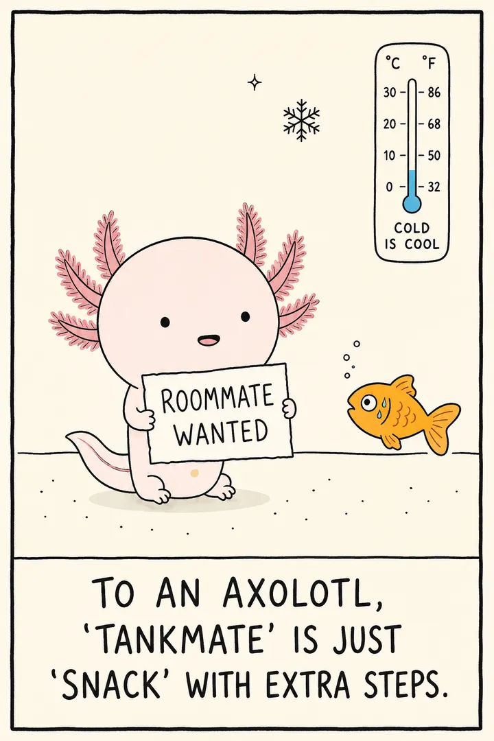 A cartoon axolotl beside a hopeful little fish, its mouth already opening — the joke that to an axolotl a 'tankmate' is really a snack. The point: axolotls are ambush predators that eat small tankmates and fish, so they are best kept alone.