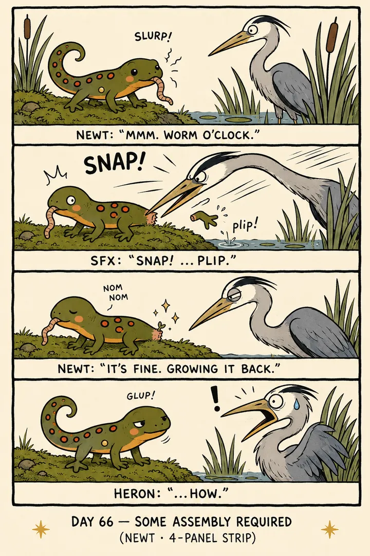 An eastern newt losing a limb to a heron and shrugging that it's 'growing it back.' The point: newts and other salamanders can regenerate lost limbs, but that is not a reason to risk injury.