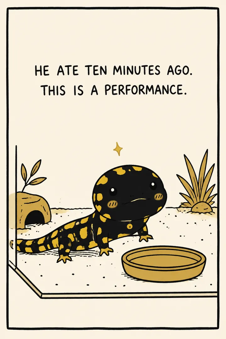 A well-fed tiger salamander begging for food it doesn't need, 'performing' hunger. The point: tiger salamanders are food-motivated and beg convincingly, so they are easily overfed and prone to obesity.