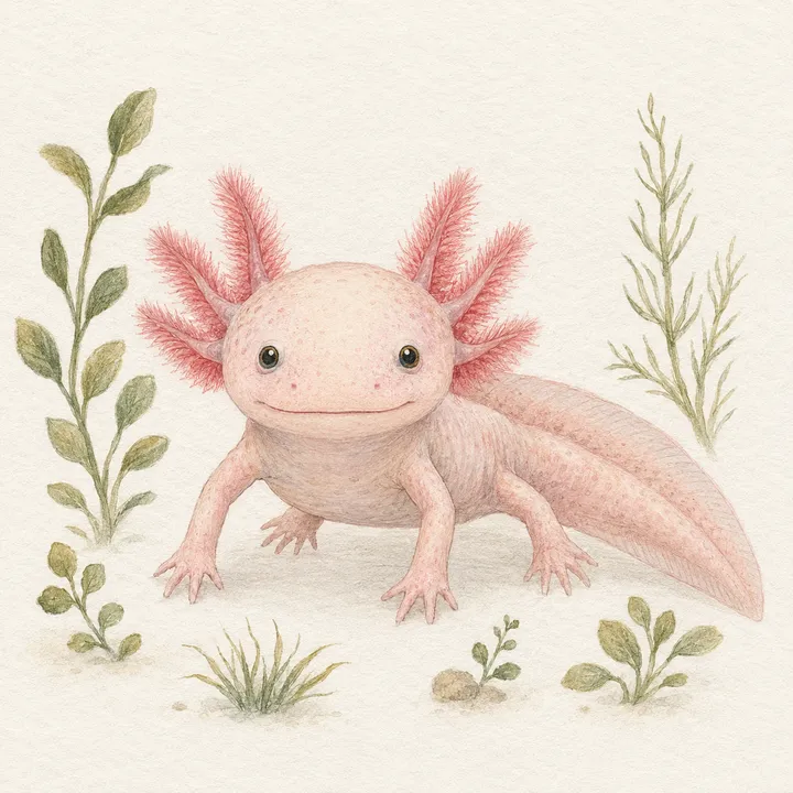 A friendly axolotl among water plants, in Bognook's soft field-guide illustration style