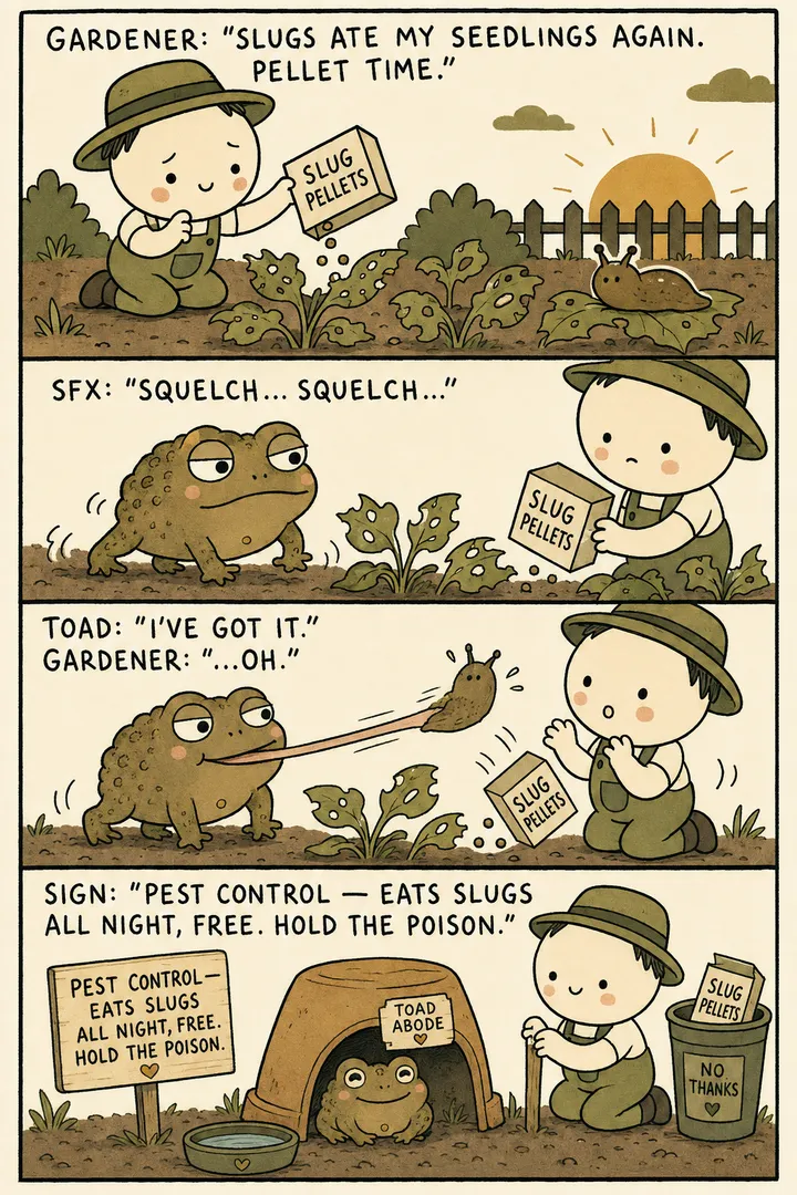 A four-panel comic about a garden toad. A gardener, fed up with slugs eating seedlings, reaches for slug pellets. A common toad plods in and flicks out its tongue, snapping up the slug. The startled gardener drops the pellet box. The toad settles under an overturned-pot 'toad abode' by a water dish, with a sign reading 'pest control — eats slugs all night, free — hold the poison'. The point: a garden toad is free, natural slug control, so skip the pellets and give it shelter and water.