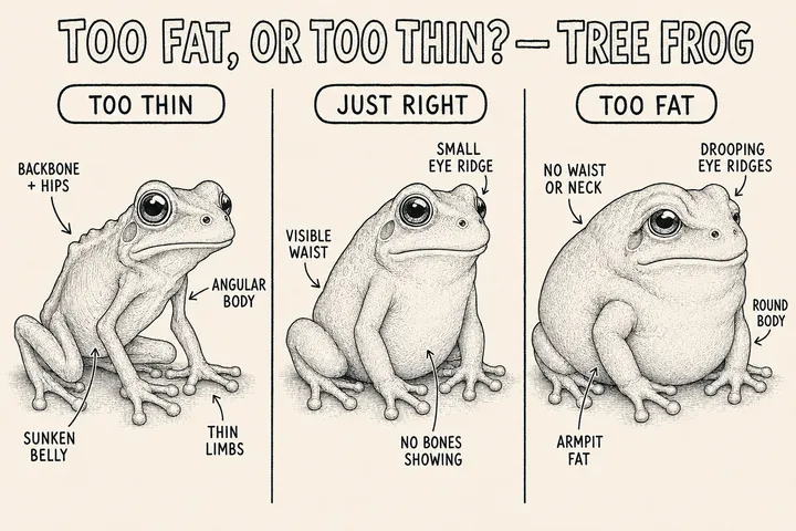 A hand-drawn monochrome info-comic titled 'Too fat, or too thin? - Tree Frog' comparing three White's tree frogs — too thin (backbone and hips showing, a sunken belly, thin limbs), just right (a visible waist, only a small eye ridge, no bones showing), and too fat (fatty ridges drooping over the eyes, no waist or neck, a round body and armpit fat).