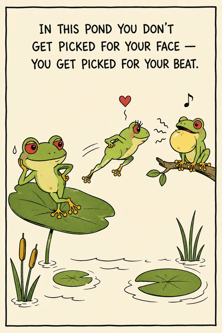 A comic about why tree frogs call, joking that in the pond you get picked for your beat, not your face. The point: male tree frogs croak to attract mates and defend territory, so frequent calling — especially at night and after misting or rain — is normal male behaviour.