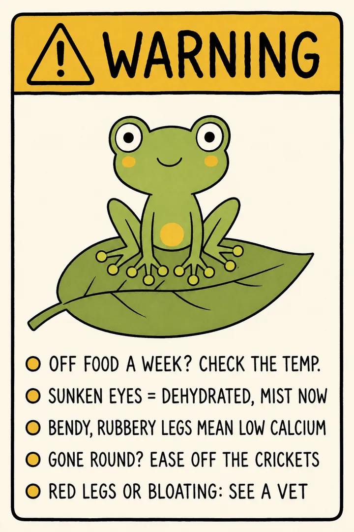 A mock hazard 'WARNING' sign in the Bognook comic style showing a tree-frog silhouette and a checklist of red flags: off food for a week means check the temperature; sunken eyes mean dehydration, mist now; bendy, rubbery legs mean low calcium; a suddenly round frog means ease off the crickets; and red legs or bloating means see a vet. The point: a tree frog signals trouble through these signs — read them and act.