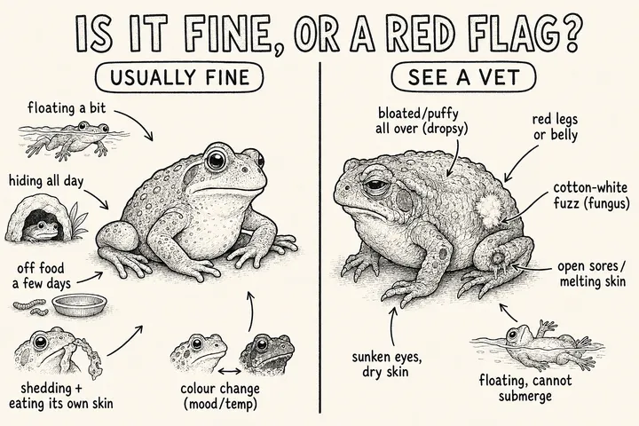 A hand-drawn monochrome info-comic titled 'Is it fine, or a red flag?' with two columns — 'usually fine' (an amphibian floating a bit, hiding all day, off food a few days, shedding and eating its own skin, and a colour change) versus 'see a vet' (bloated or puffy all over / dropsy, red legs or belly, cotton-white fungus fuzz, open sores or melting skin, sunken eyes and dry skin, and floating unable to submerge).