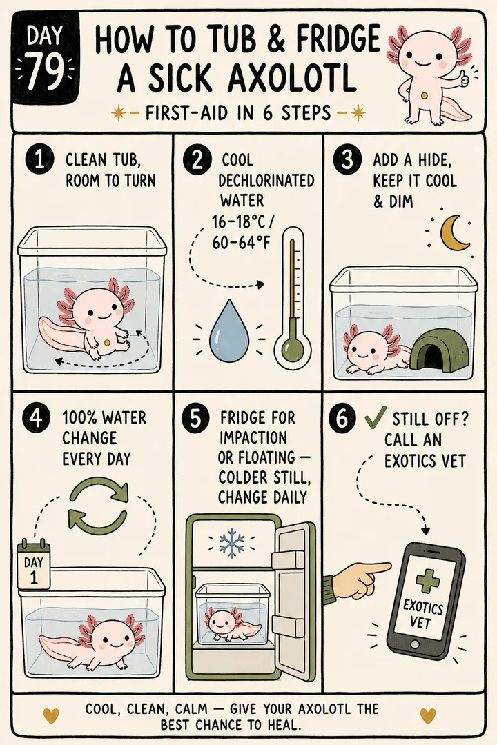 A six-step first-aid how-to card titled 'How to tub and fridge a sick axolotl': use a clean tub with room to turn; cool dechlorinated water at 16–18°C (60–64°F); add a hide and keep it cool and dim; do a 100% water change every day; fridge (in dechlorinated water) for impaction or persistent floating; and see an exotics vet for anything that doesn't improve. The point: tubbing and fridging are supportive first-aid, done cold and clean, alongside a vet.