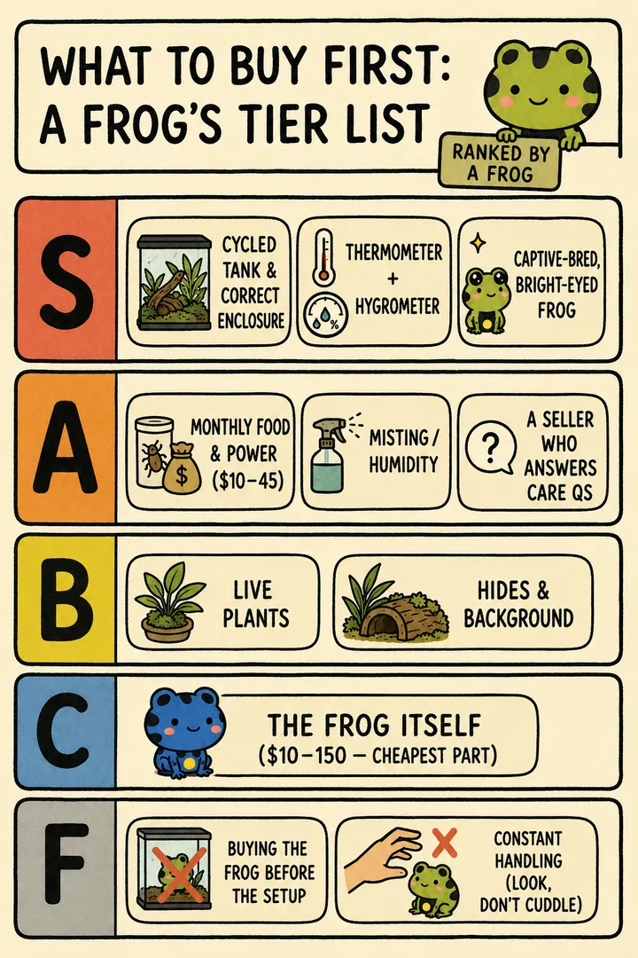 A tier-list chart titled 'What to buy first: a frog's tier list, ranked by a frog'. The S tier holds the essentials — a cycled tank and correct enclosure, a thermometer and hygrometer, and a captive-bred, bright-eyed frog. Lower tiers hold monthly food and power costs, misting and décor, and nice-to-haves. The point: spend first on the cycled setup, the right enclosure, gauges, and a healthy captive-bred animal — before extras.