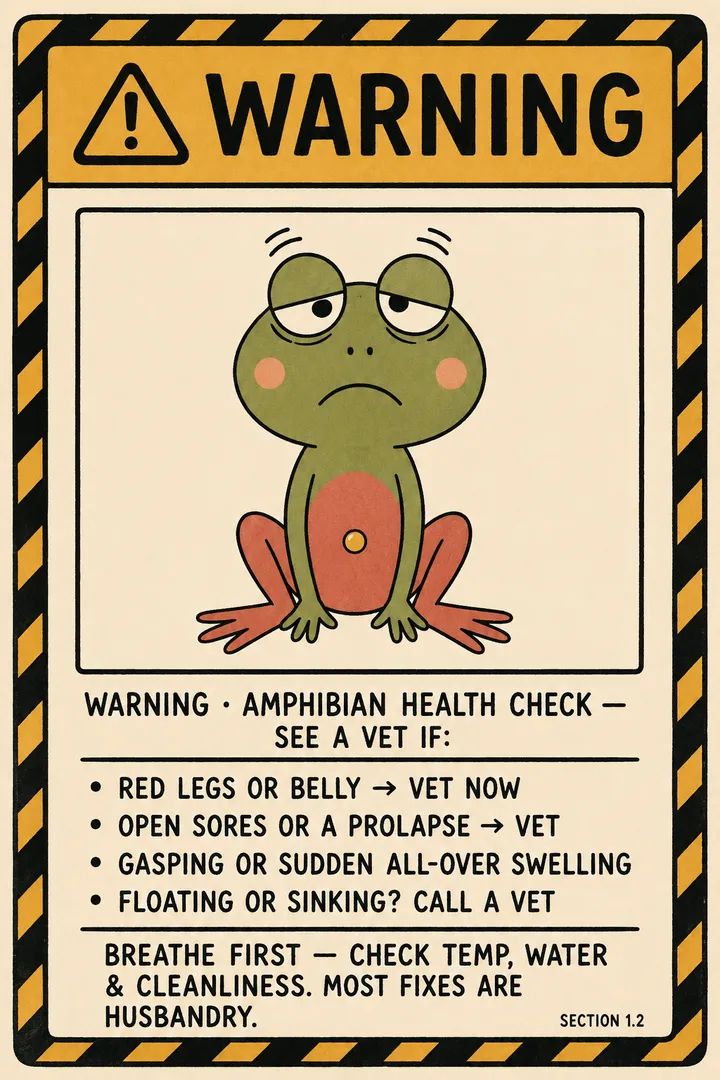 A mock hazard 'WARNING' sign in the Bognook comic style — an amphibian health check listing see-a-vet-now signs: red legs or belly; open sores or a prolapse; gasping or sudden all-over swelling; abnormal floating or sinking. A footer reads 'breathe first — check temp, water and the care sheet'. The point: these specific signs warrant an exotics vet, while most milder worries start with checking husbandry.