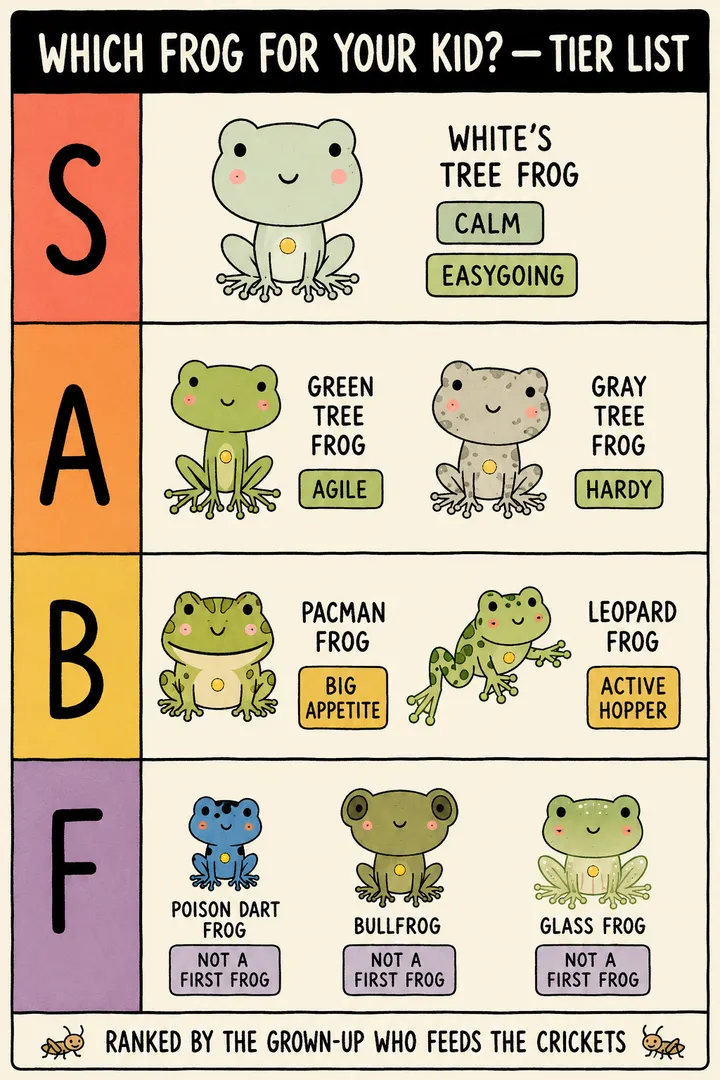 A tier-list chart titled 'Which frog for your kid?', footnoted 'ranked by the grown-up who feeds the crickets'. Hardy, low-maintenance, watch-don't-handle species rank highest; delicate or demanding species rank lower. The point: for a child's frog, pick a hardy, forgiving species and remember an adult does the real care — frogs are look-don't-handle pets.
