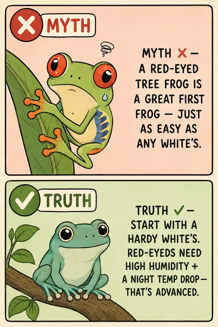 A two-panel myth-vs-truth comic comparing first tree frogs. The red MYTH panel shows a red-eyed tree frog drooping on a leaf with a sweat drop, stressed at being someone's first frog. The green TRUTH panel shows a calm, bold White's tree frog with its dumpy half-smile, at ease. The point: a White's tree frog is the hardy, forgiving beginner pick, while a red-eyed tree frog needs high humidity and a night-time temperature drop, making it an advanced species.