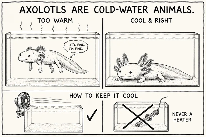 A hand-drawn monochrome info-comic titled 'Axolotls are cold-water animals': a side-by-side comparison of the same axolotl in a 'too warm' tank — gills curling forward, drifting up off the bottom, a sweat-drop and a thought bubble '…it's fine, I'm fine' under a heat shimmer — versus a 'cool & right' tank where it sits settled on clean sand with full fanned gills; below, a 'how to keep it cool' strip shows a fan blowing across the water surface (ticked) and an aquarium heater crossed out with the note 'never a heater.'