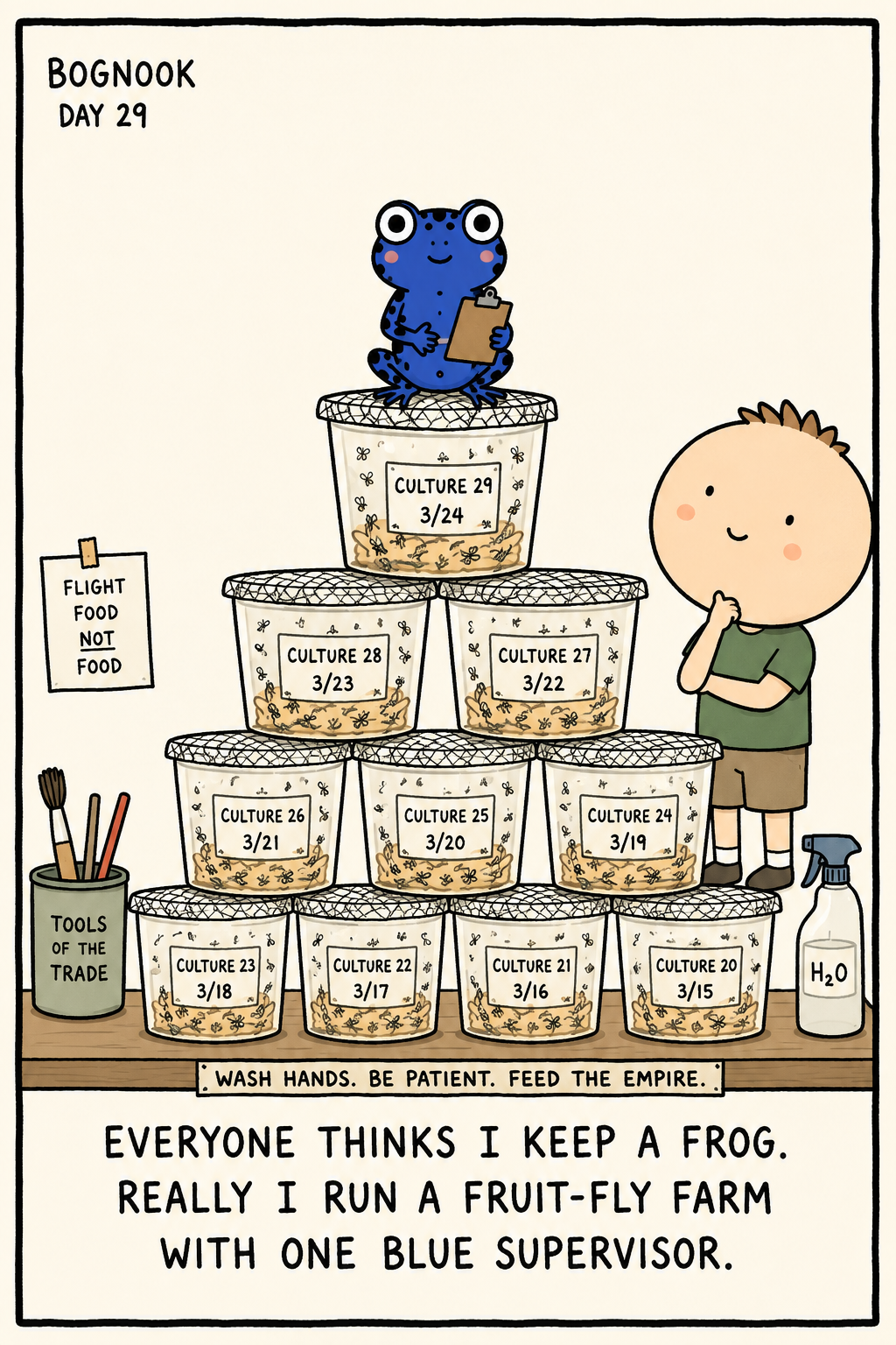 A blue poison dart frog perched atop a pyramid of labelled fruit-fly culture cups holding a tiny clipboard while a keeper tends them — caption: 'everyone thinks I keep a frog. really I run a fruit-fly farm with one blue supervisor.' The relatable truth of dart-frog feeding.