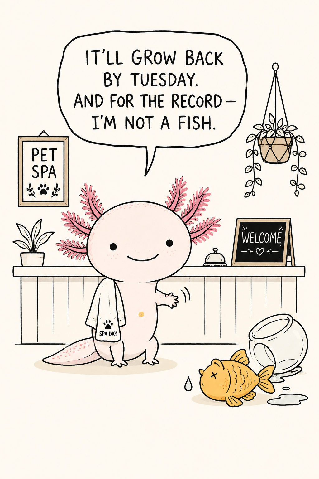 A pink axolotl at a 'Pet Spa' reception desk with a little towel, one front leg a smooth healing stump, beside a fainted goldfish — speech balloon: "it'll grow back by Tuesday. and for the record — I'm not a fish." A nod to an axolotl's remarkable limb regeneration (and that it isn't a fish).