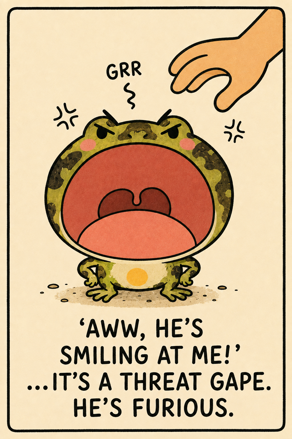 A Pacman frog with its huge mouth gaping wide at an approaching hand, angry marks around its head — caption: "'aww, he's smiling at me!' …it's a threat gape. he's furious." The gap between how cute a grumpy frog looks and how it feels.
