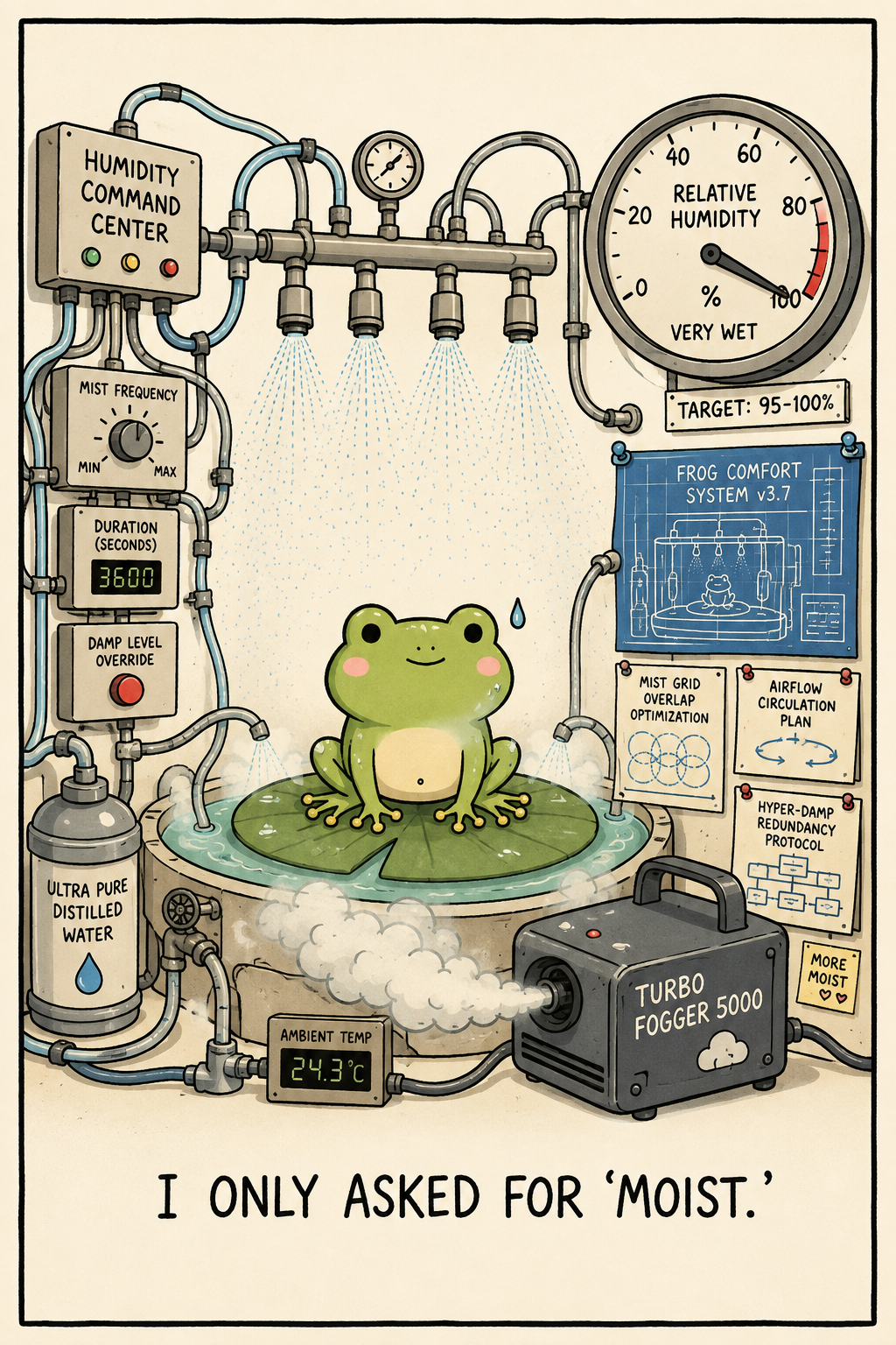 A calm green frog on a lilypad surrounded by an absurdly elaborate 'humidity command center' of misters, gauges and a fogger — caption: "I only asked for 'moist.'" The relatable spiral of over-engineering your enclosure.