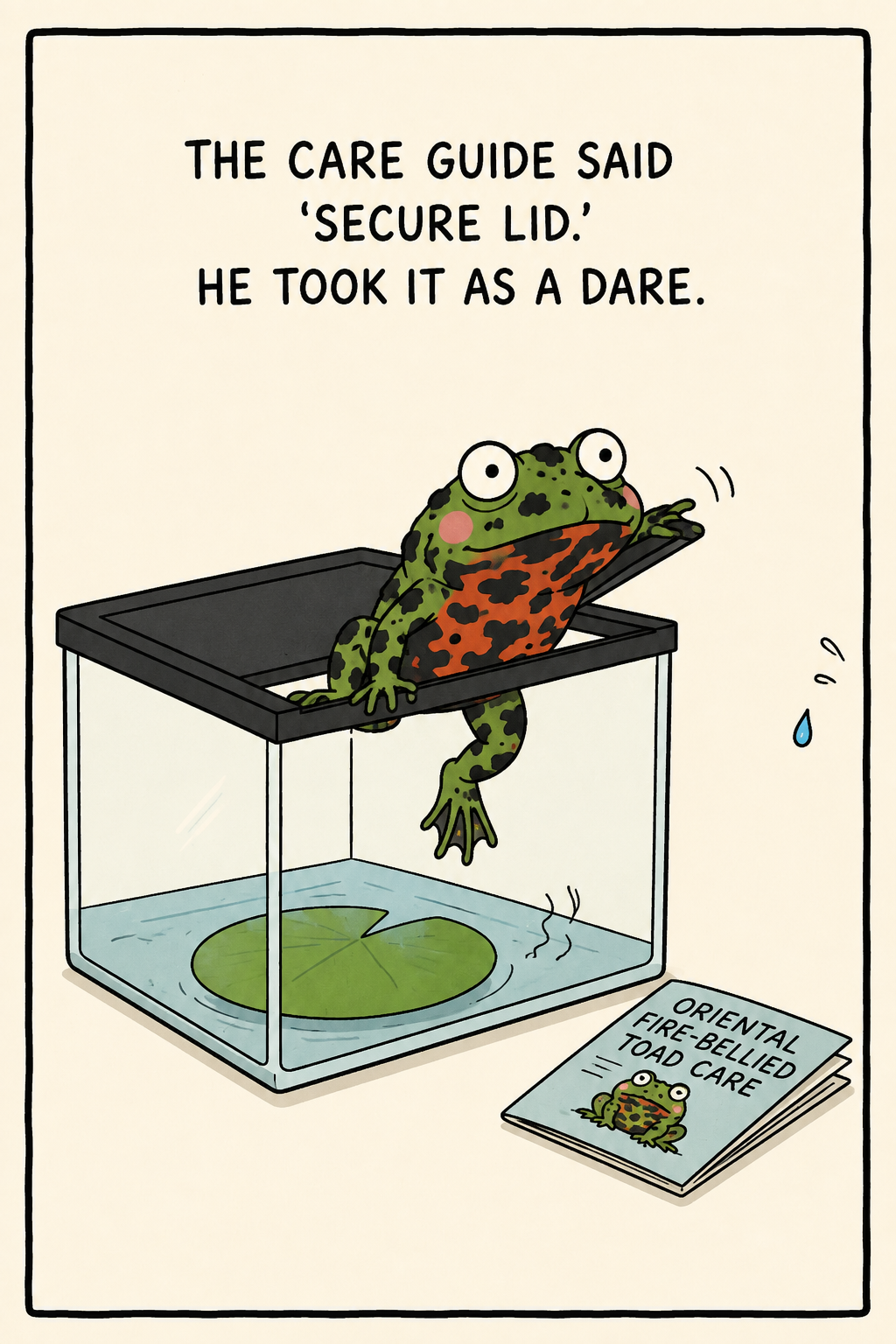 A fire-bellied toad climbing out over the pushed-open lid of its tank, next to an 'Oriental Fire-Bellied Toad Care' booklet — caption: "the care guide said 'secure lid.' he took it as a dare." Every keeper's escape-artist story.