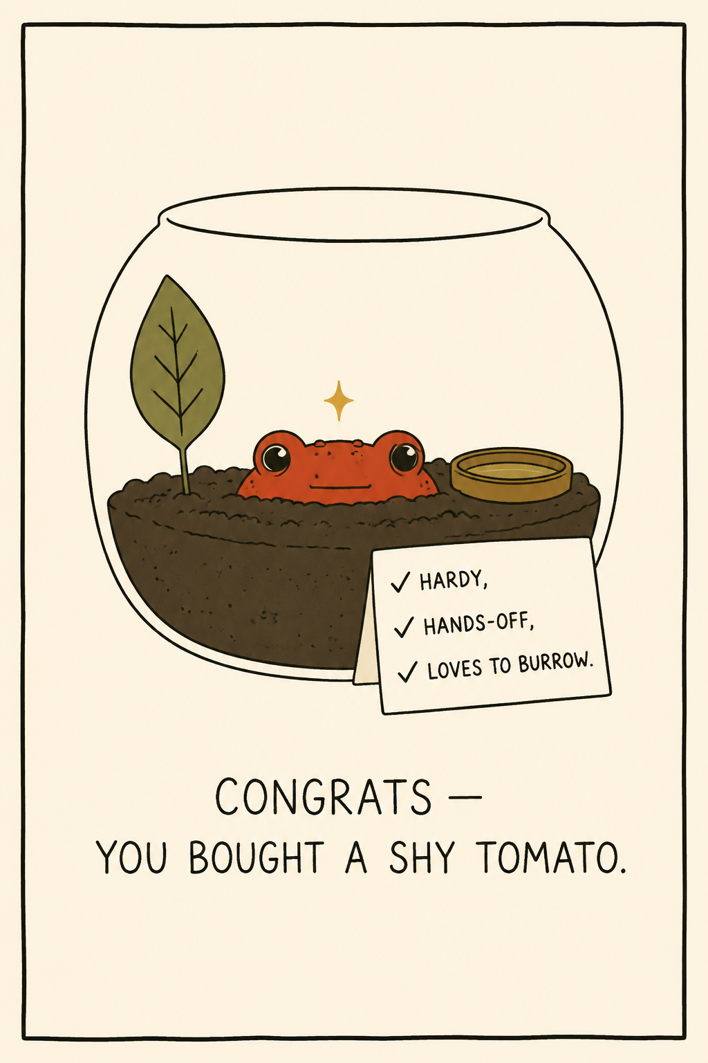 A round red tomato frog half-buried in the substrate of a bowl terrarium beside a care tag reading 'hardy, hands-off, loves to burrow' — caption: 'congrats — you bought a shy tomato.' The relatable joy of a pet you barely ever see.