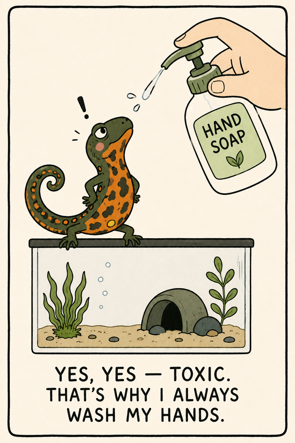 A fire-bellied newt on its tank rim eyeing a bottle of hand soap above it — caption: 'yes, yes — toxic. that's why I always wash my hands.' A cheerful nudge about washing up after handling amphibians.